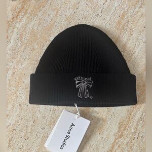 Acne Studios Unisex Merino Wool Bow-Embroidered Beanie Black